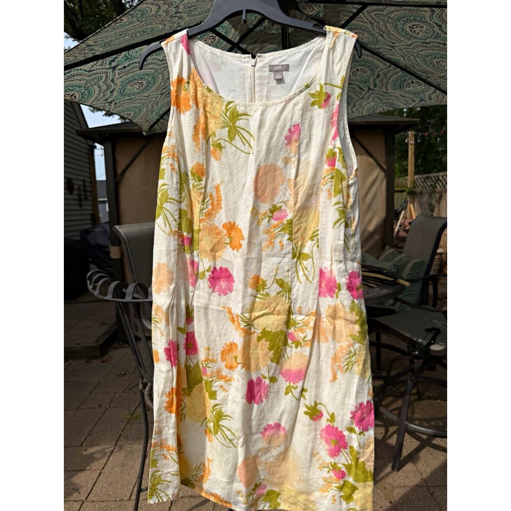 J. Jill Petite 18P Ivory Floral 100% Linen Square Neck A-Line Midi Dress Zip